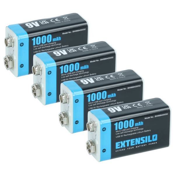 EXTENSILO 4x 9V-Akku Block für diverse Geräte (1 Ah, 9 V, Li-Ion) | ready-to-use, mit Micro USB Buchse
