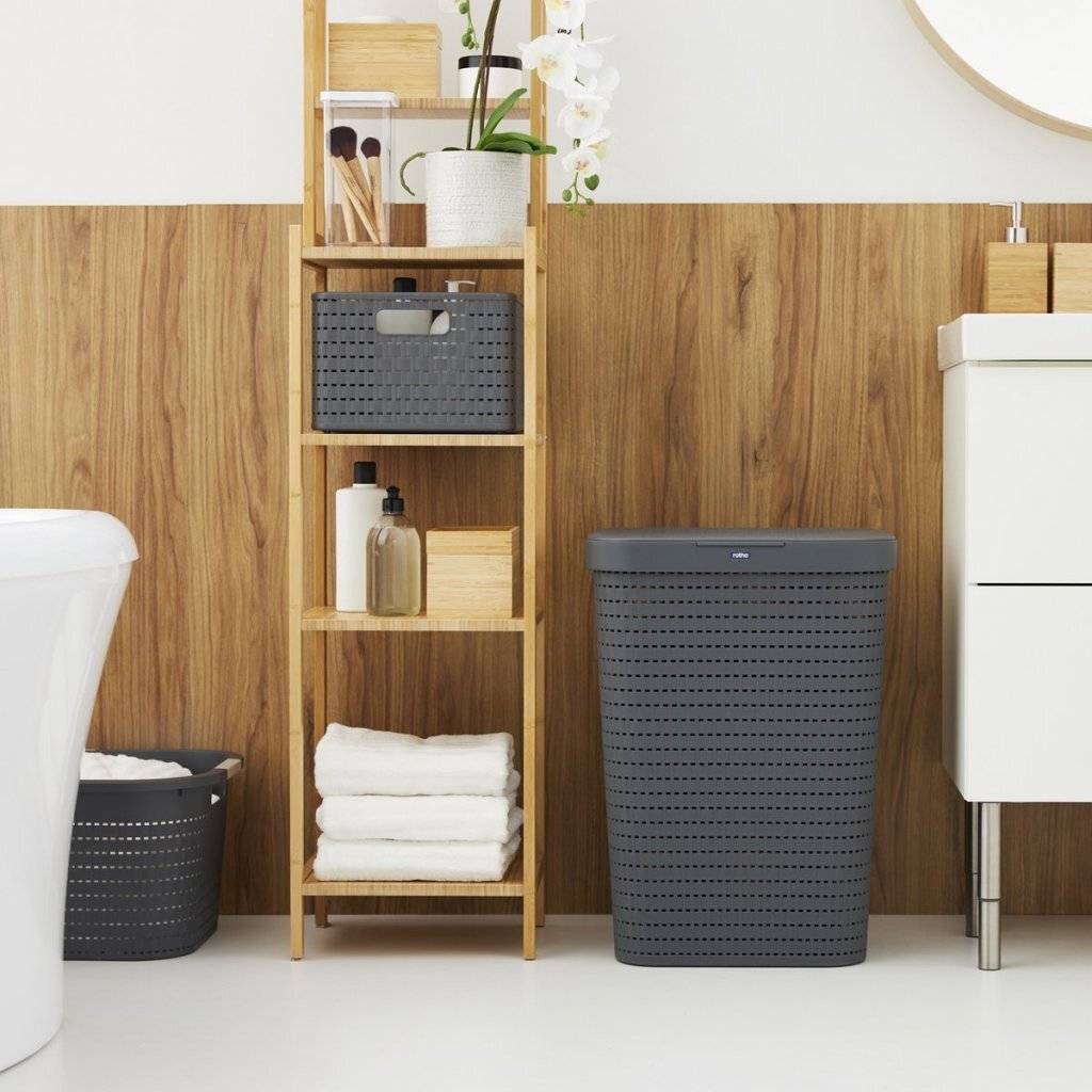 Rotho Country Wäschesammler 55l mit Deckel in Rattan-Optik, Kunststoff (PP) BPA-frei,-1