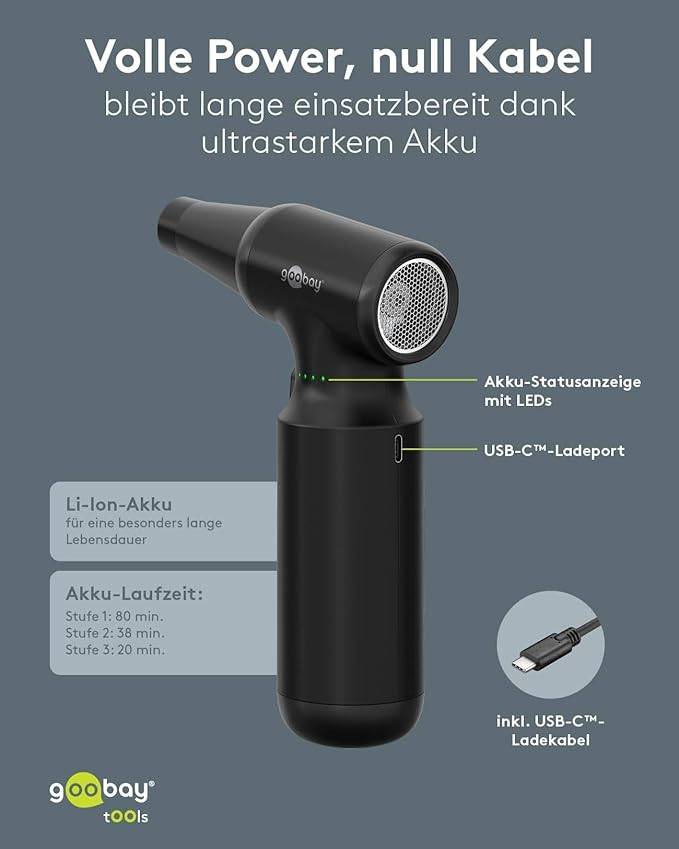 Goobay 77830 Elektrisches Staubgebläse zur PC & Tastatur Reinigung, 80 Min. Betriebsdauer, LED Licht, bläst 125g-5
