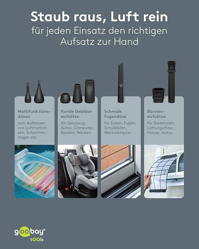 Goobay 77830 Elektrisches Staubgebläse zur PC & Tastatur Reinigung, 80 Min. Betriebsdauer, LED Licht, bläst 125g-6