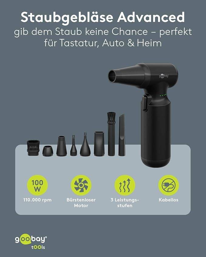 Goobay 77830 Elektrisches Staubgebläse zur PC & Tastatur Reinigung, 80 Min. Betriebsdauer, LED Licht, bläst 125g-2