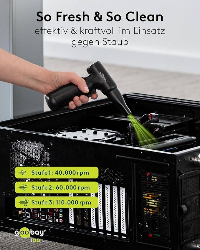 Goobay 77830 Elektrisches Staubgebläse zur PC & Tastatur Reinigung, 80 Min. Betriebsdauer, LED Licht, bläst 125g-4