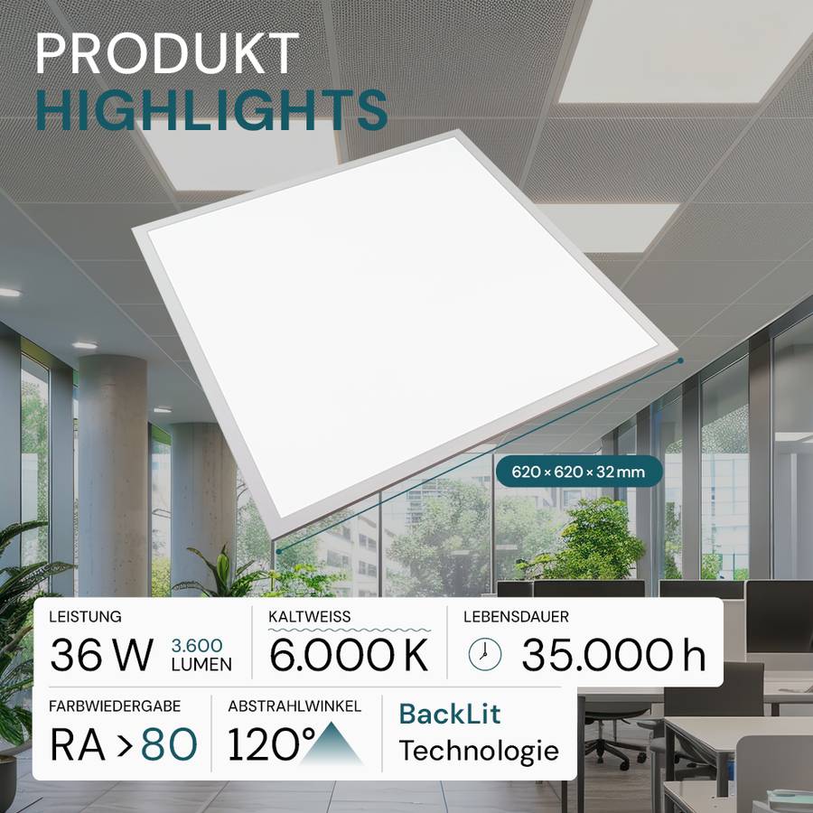 LUXULA LED Panel 62x62 cm 36W 3600lm 6000K Kaltweiß Büro- Deckenleuchte Backlit Einbauleuchte für Rasterdecken-2
