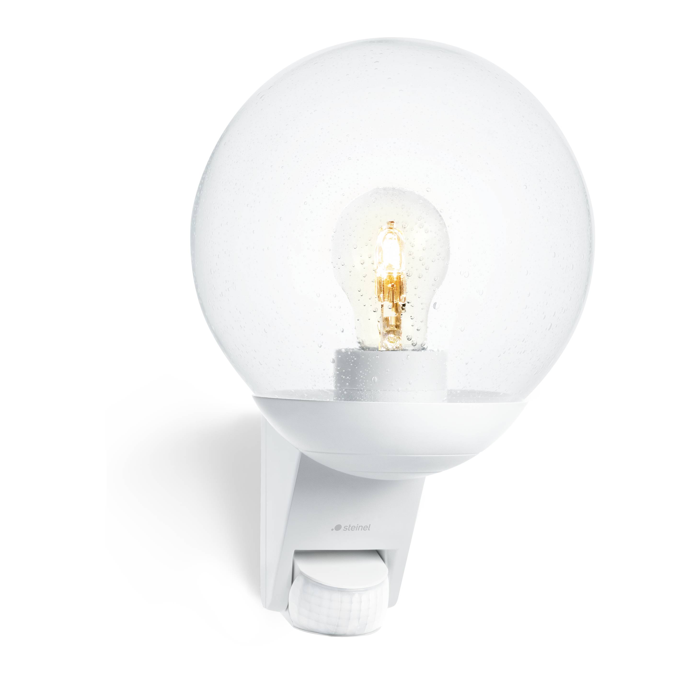 Steinel Außenleuchte L 595 S Weiß, 180° Bewegungsmelder, E27 Fassung, klassische Außenlampe mit Glaskugel-0