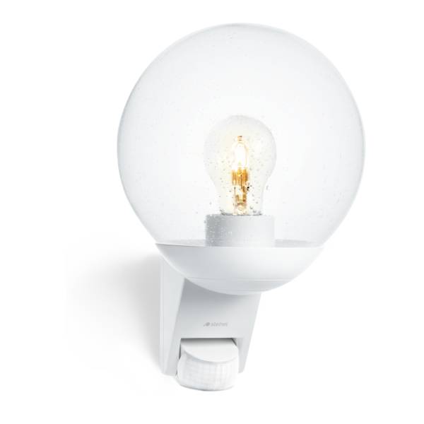 Steinel Außenleuchte L 595 S Weiß, 180° Bewegungsmelder, E27 Fassung, klassische Außenlampe mit Glaskugel