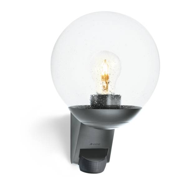 Steinel Außenleuchte L 595 S Anthrazit, 180° Bewegungsmelder, E27 Fassung, klassische Außenlampe mit Glaskugel