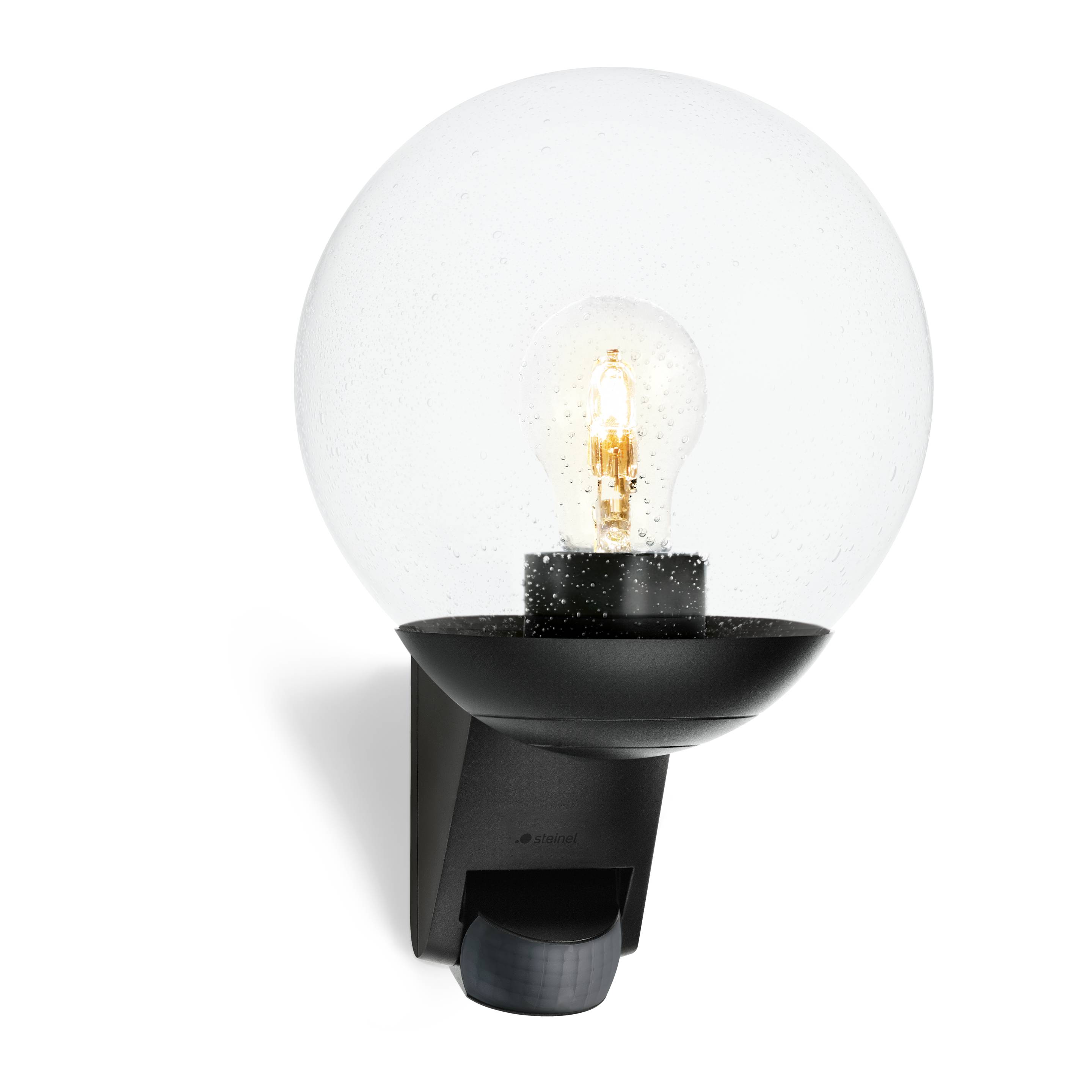 Steinel Außenleuchte L 595 S Schwarz, 180° Bewegungsmelder, E27 Fassung, klassische Außenlampe mit Glaskugel-0