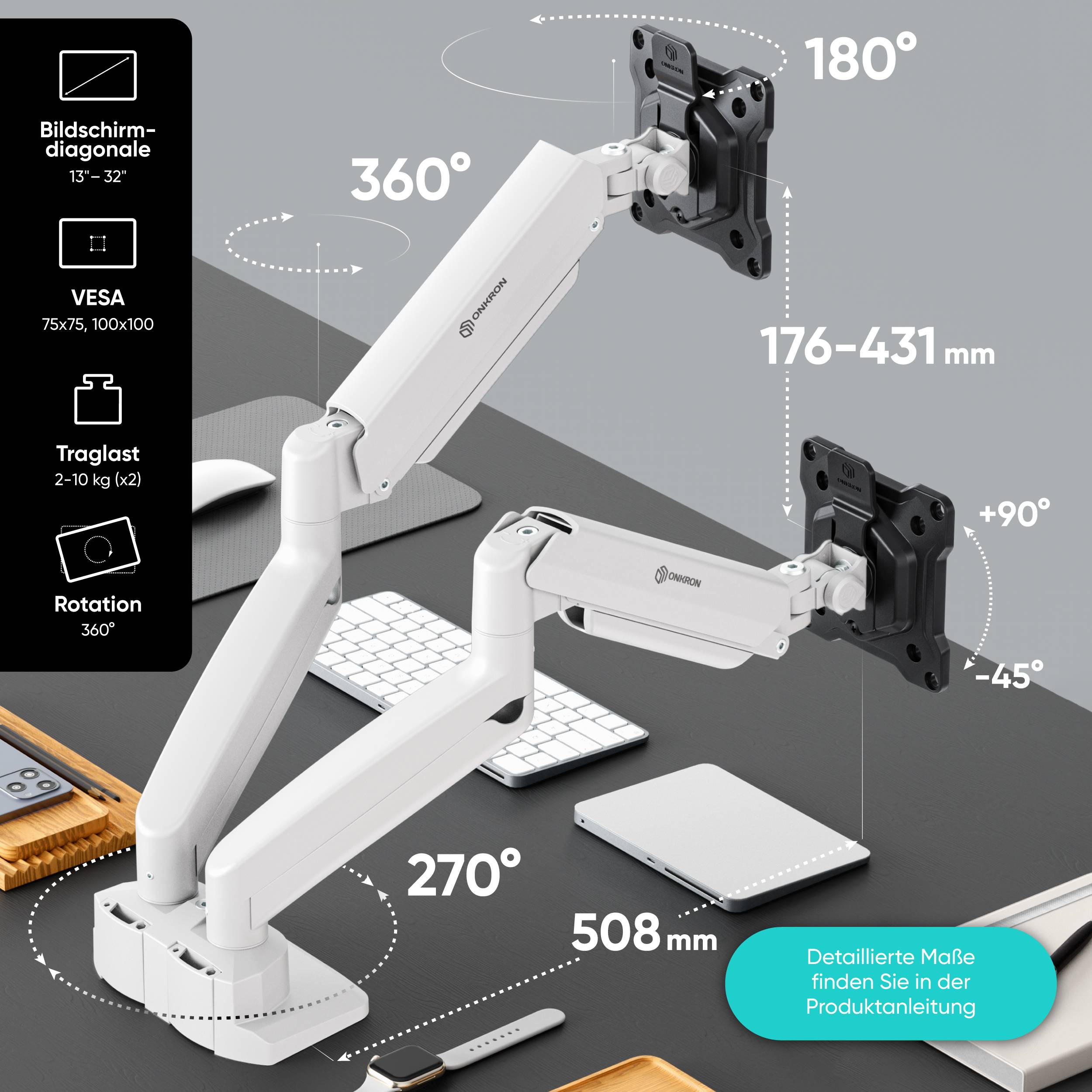 ONKRON Monitor Halterung 2 Monitore für 13-32 Zoll Bildschirme bis 10 kg pro Arm-1