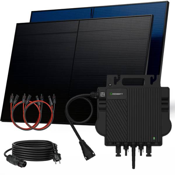 1000W Balkonkraftwerk BIFAZIAL FULLBLACK komplett Steckdose GROWATT 800W Wechselrichter, Solaranlage 2x500W Glas-Glas