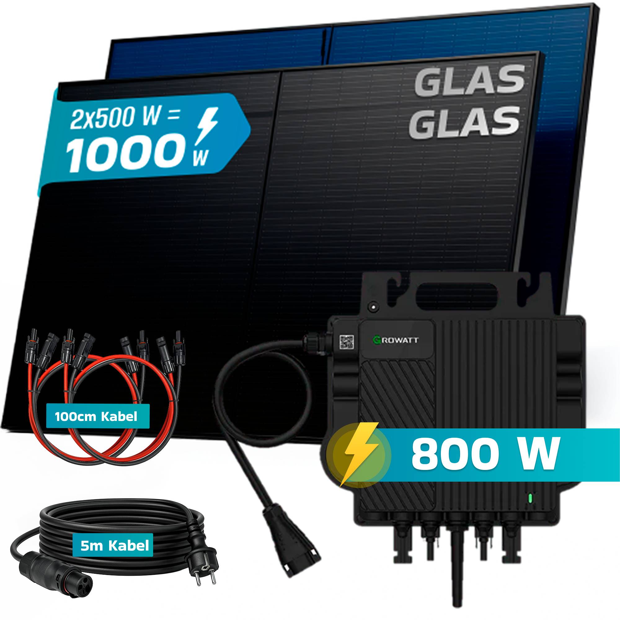 1000W Balkonkraftwerk BIFAZIAL FULLBLACK komplett Steckdose GROWATT 800W Wechselrichter, Solaranlage 2x500W Glas-Glas-1