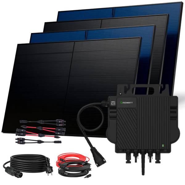 2000W Balkonkraftwerk BIFAZIAL FULLBLACK komplett Steckdose GROWATT 800W Wechselrichter, Solaranlage 4x500W Glas-Glas