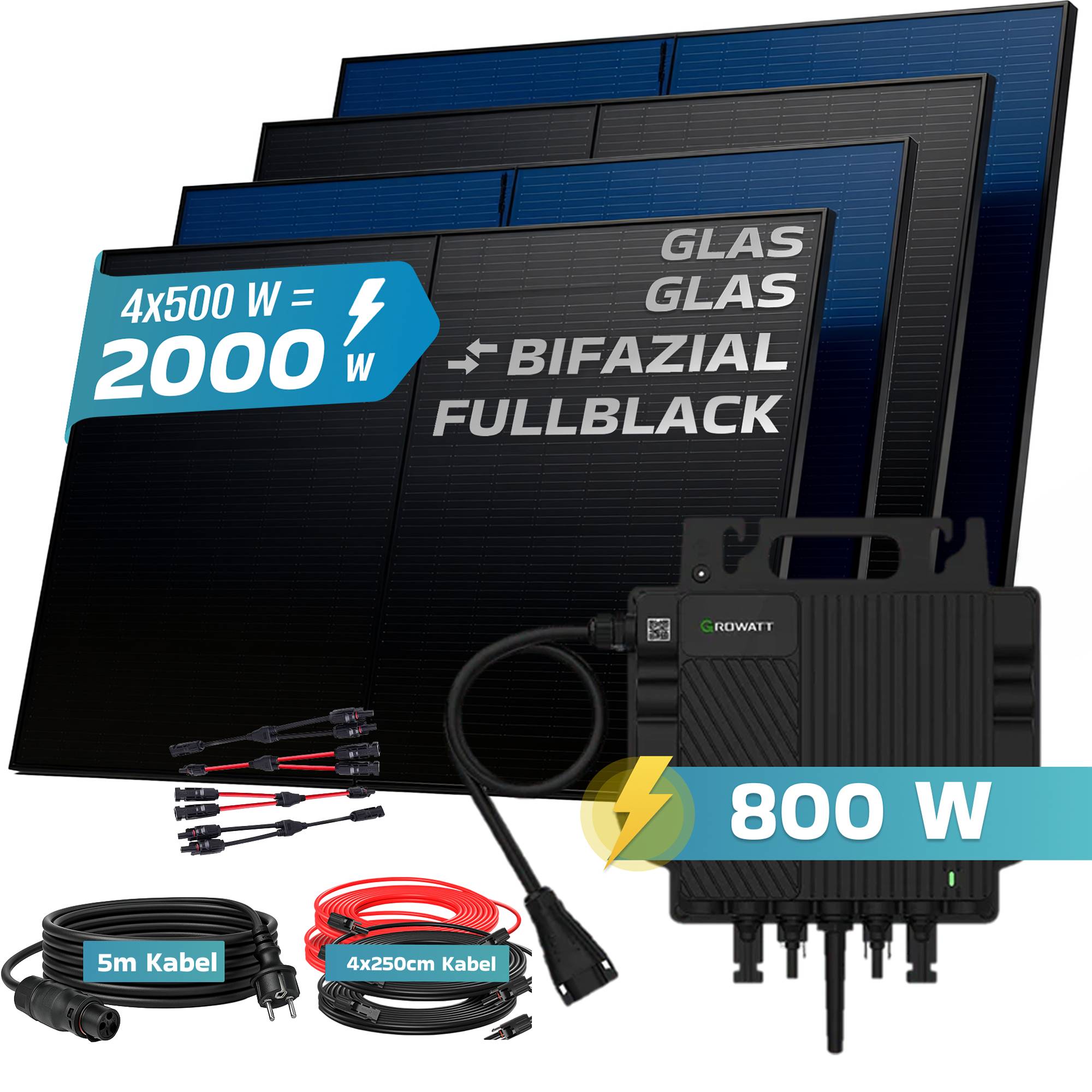 2000W Balkonkraftwerk BIFAZIAL FULLBLACK komplett Steckdose GROWATT 800W Wechselrichter, Solaranlage 4x500W Glas-Glas-1