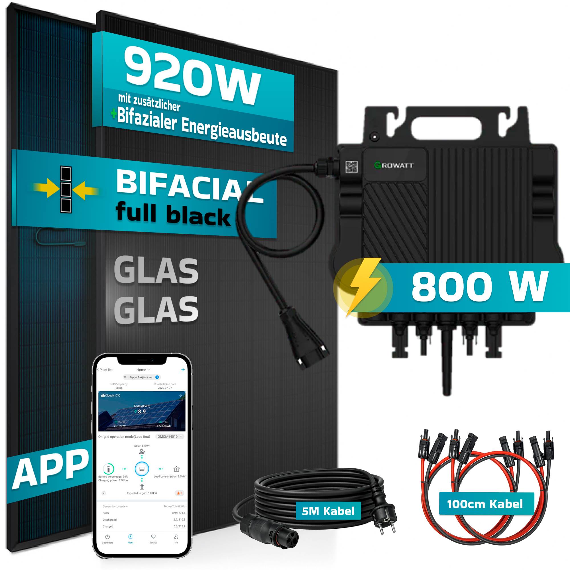 920W Balkonkraftwerk BIFAZIAL FULLBLACK komplett Steckdose GROWATT 800W Wechselrichter, Solaranlage 2x460W Glas-Glas-1