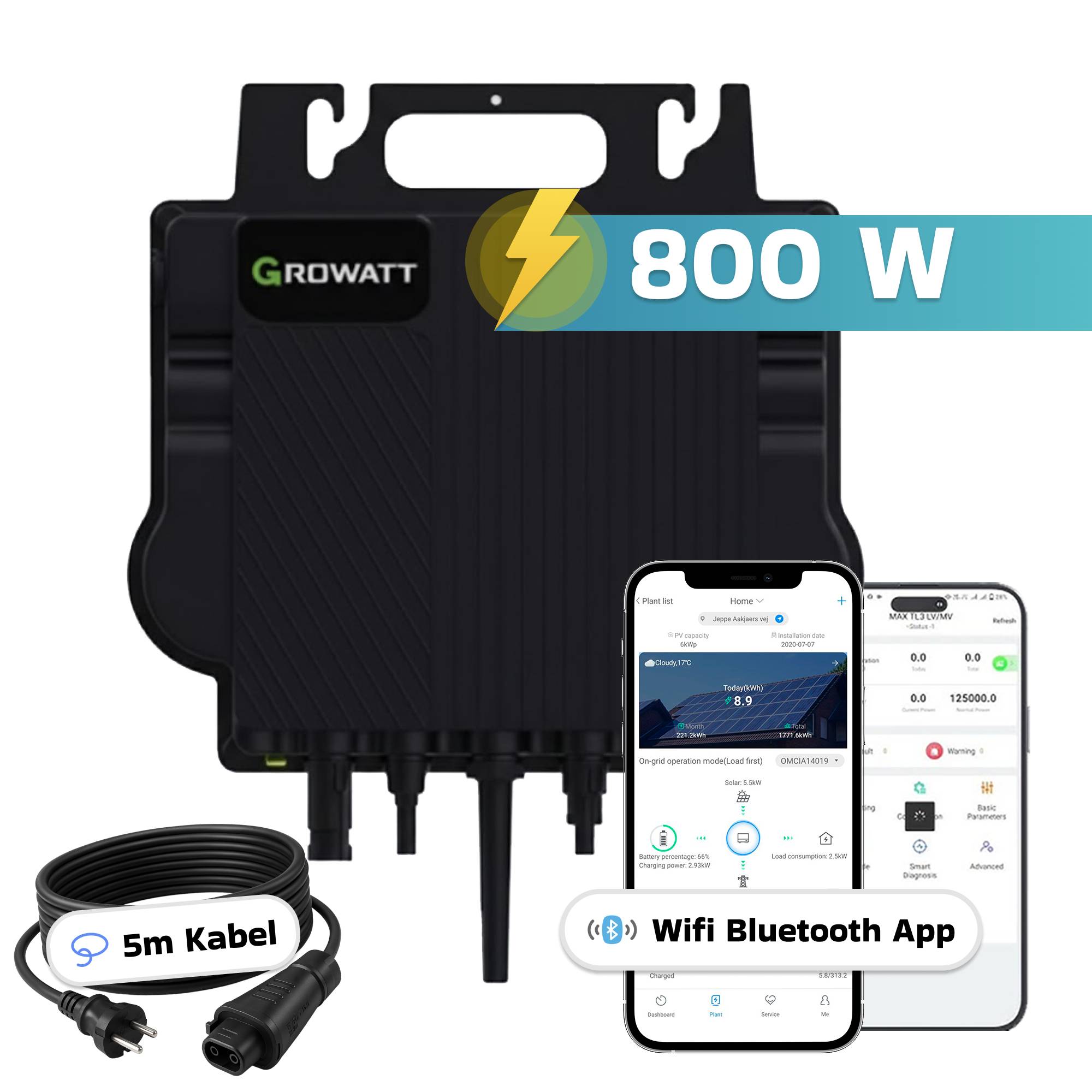 1840W Balkonkraftwerk BIFAZIAL FULLBLACK komplett Steckdose GROWATT 800W Wechselrichter, Solaranlage 4x460W Glas-Glas-1