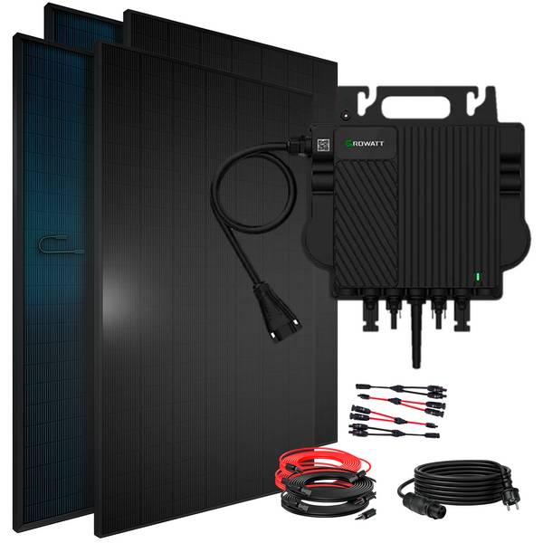1840W Balkonkraftwerk BIFAZIAL FULLBLACK komplett Steckdose GROWATT 800W Wechselrichter, Solaranlage 4x460W Glas-Glas