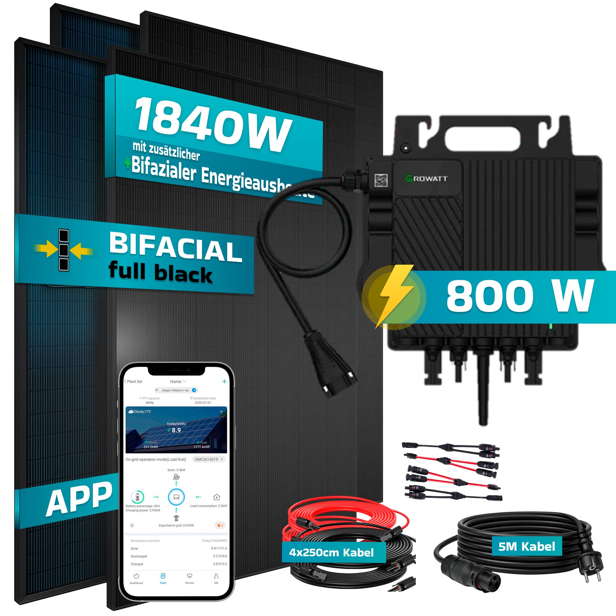 1840W Balkonkraftwerk BIFAZIAL FULLBLACK komplett Steckdose GROWATT 800W Wechselrichter, Solaranlage 4x460W Glas-Glas-4