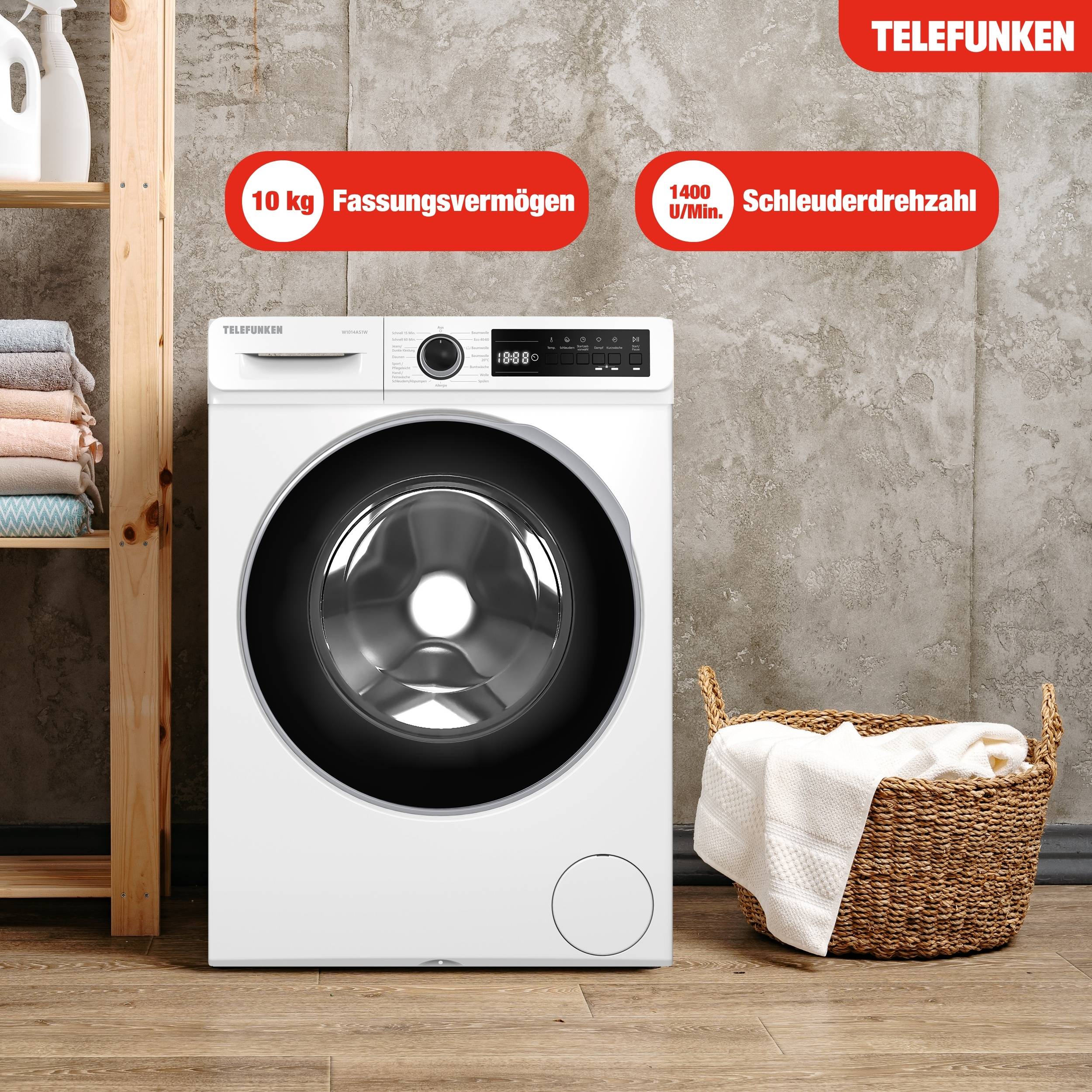 Telefunken Waschmaschine 10kg | Frontlader 1400 U/Min. | Dampffunktion | Inverter Motor | AquaStop | W1014AS1W-3