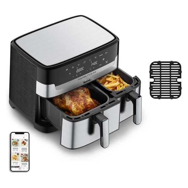 Tefal Dual Easy Fry & Grill EY905D, Heißluftfritteuse, 8,3 l, Doppel, Edelstahl, Berührung, Eigenständig