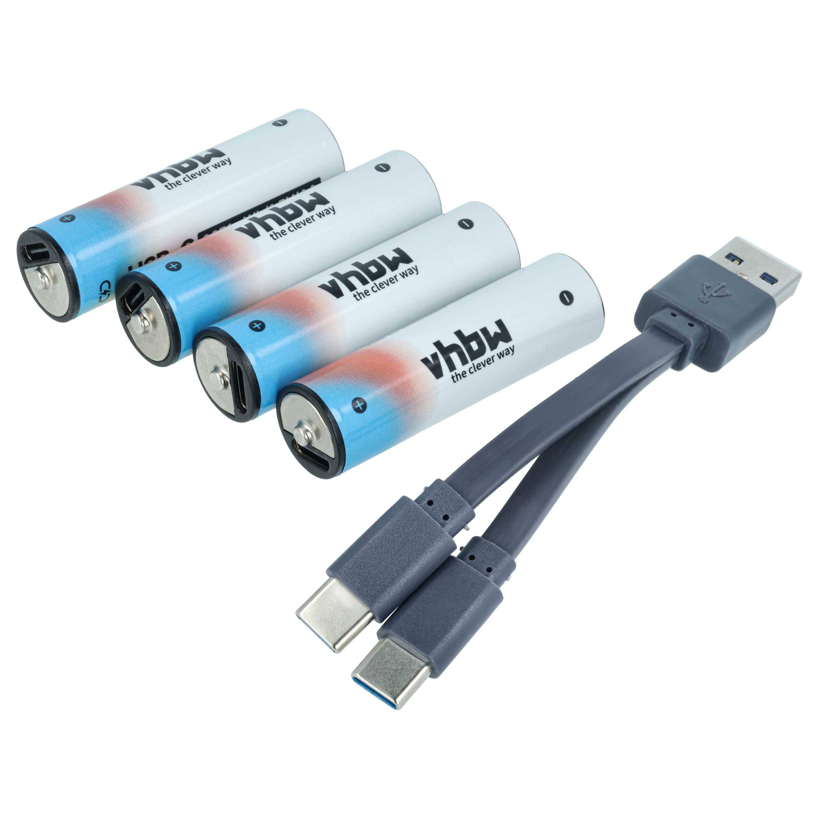 vhbw 4x AA Akkus mit USB C-Anschluss (2047 mAh, 1,5 V, Li-Ion) + USB-A / 2x USB-C Ladekabel-0