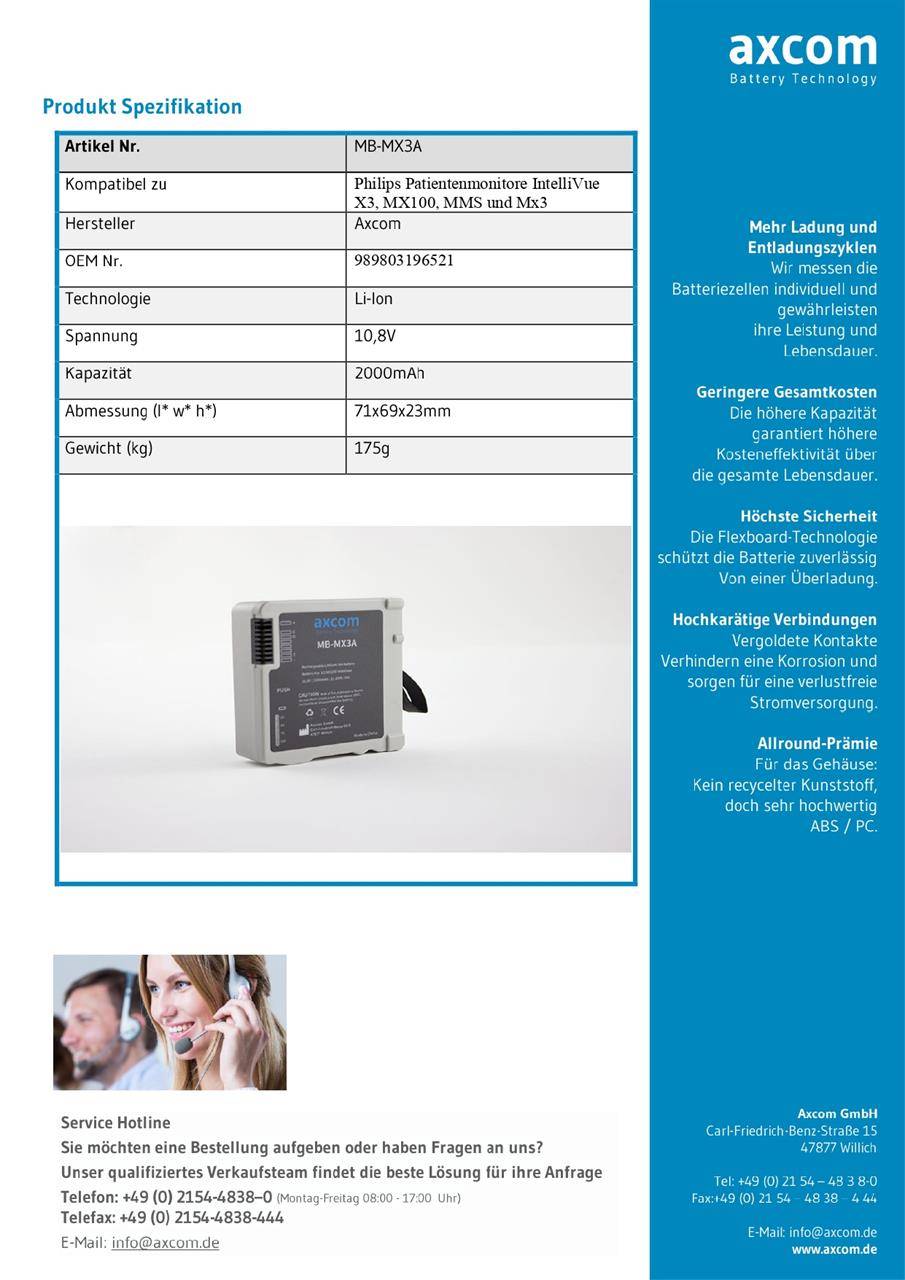 Li-Ion Akku für Philips IntelliVue X3, MX100, MMS, MX3 Patientenmonitore - 10,8V 2Ah-3