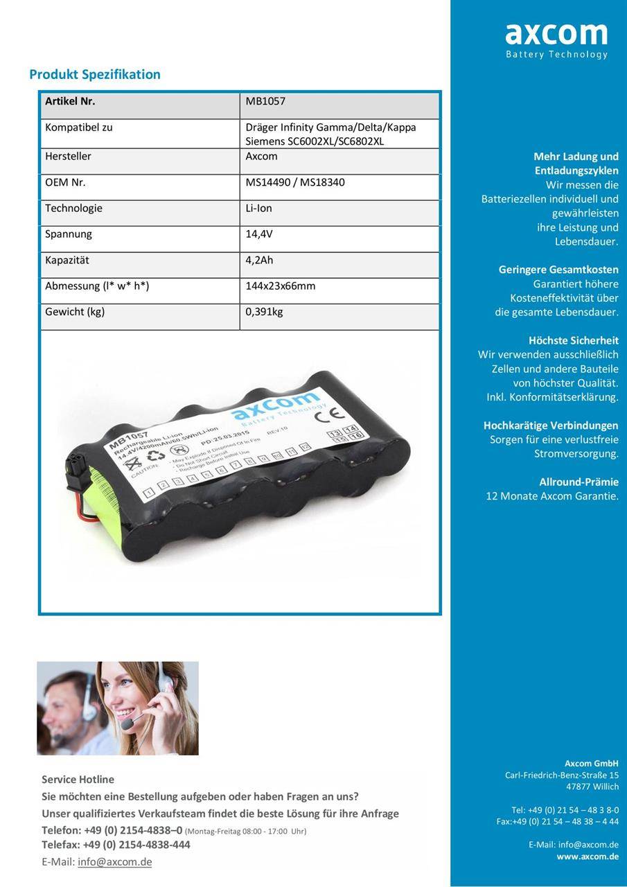 Akku für Dräger Infinity Gamma, Delta, SC6002XL, SC6802XL - 14,4V 4,2Ah-1