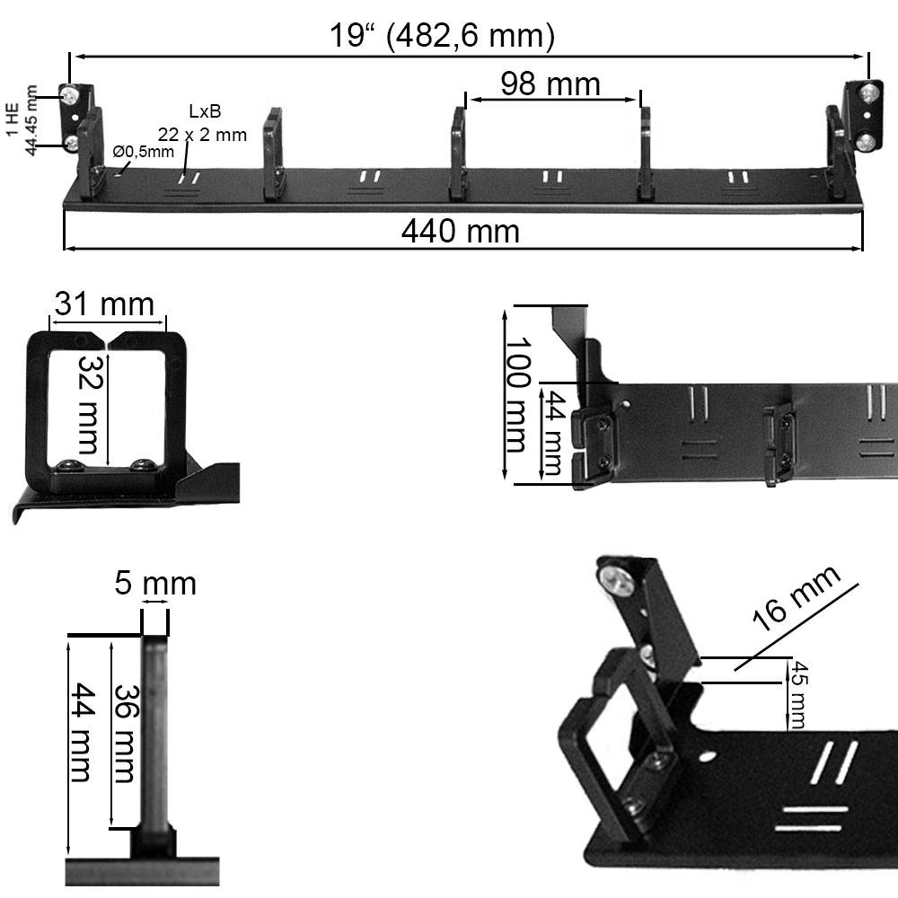 19"-Kabelführungspanel mit 5 Kabelbügel - horizontal nach vorne versetzt-1
