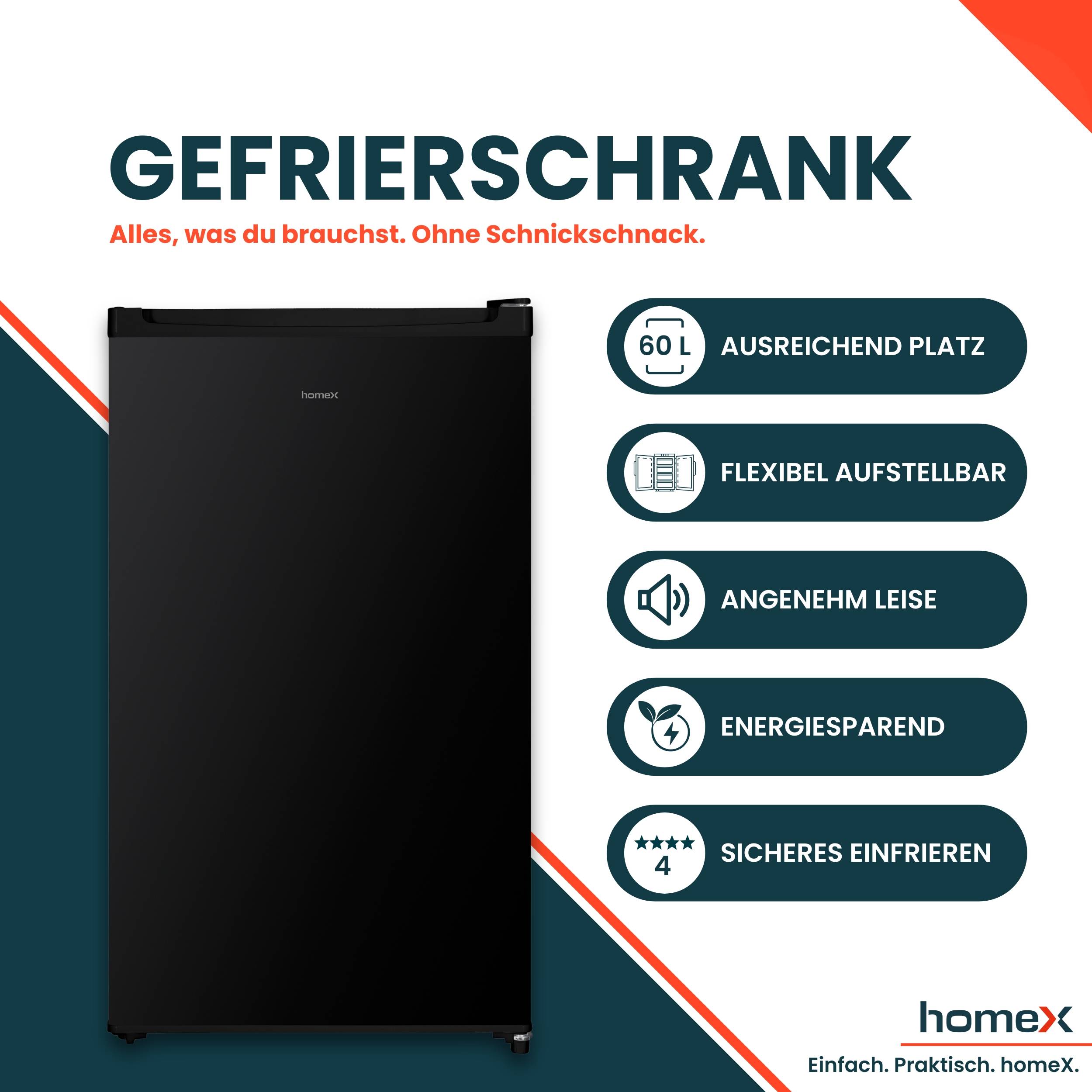 homeX Gefrierschrank, Tiefkühlschrank klein - 60L Nutzinhalt, 4-Sterne Gefrieren, Freezer freistehend, schwarz, FS1016-B-1