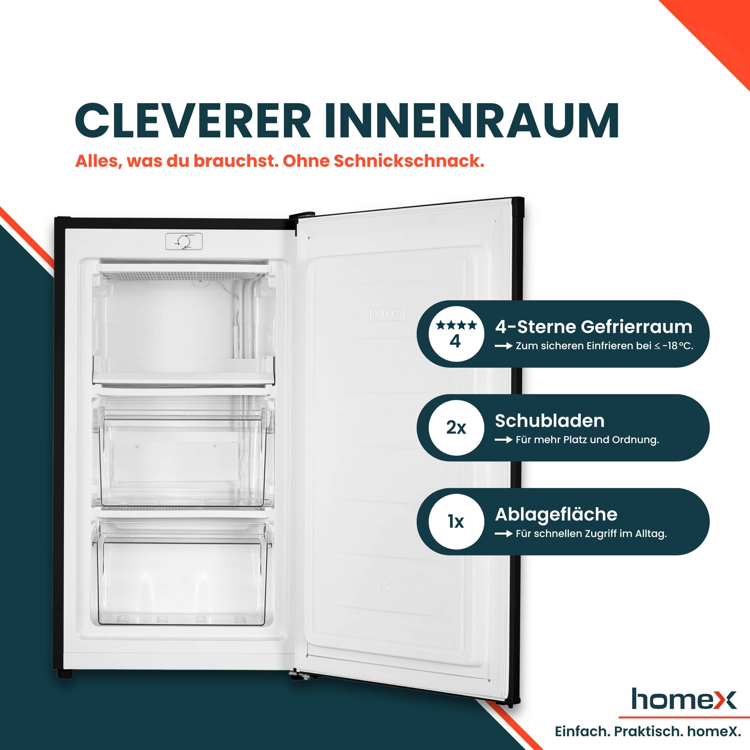homeX Gefrierschrank, Tiefkühlschrank klein - 60L Nutzinhalt, 4-Sterne Gefrieren, Freezer freistehend, schwarz, FS1016-B-2