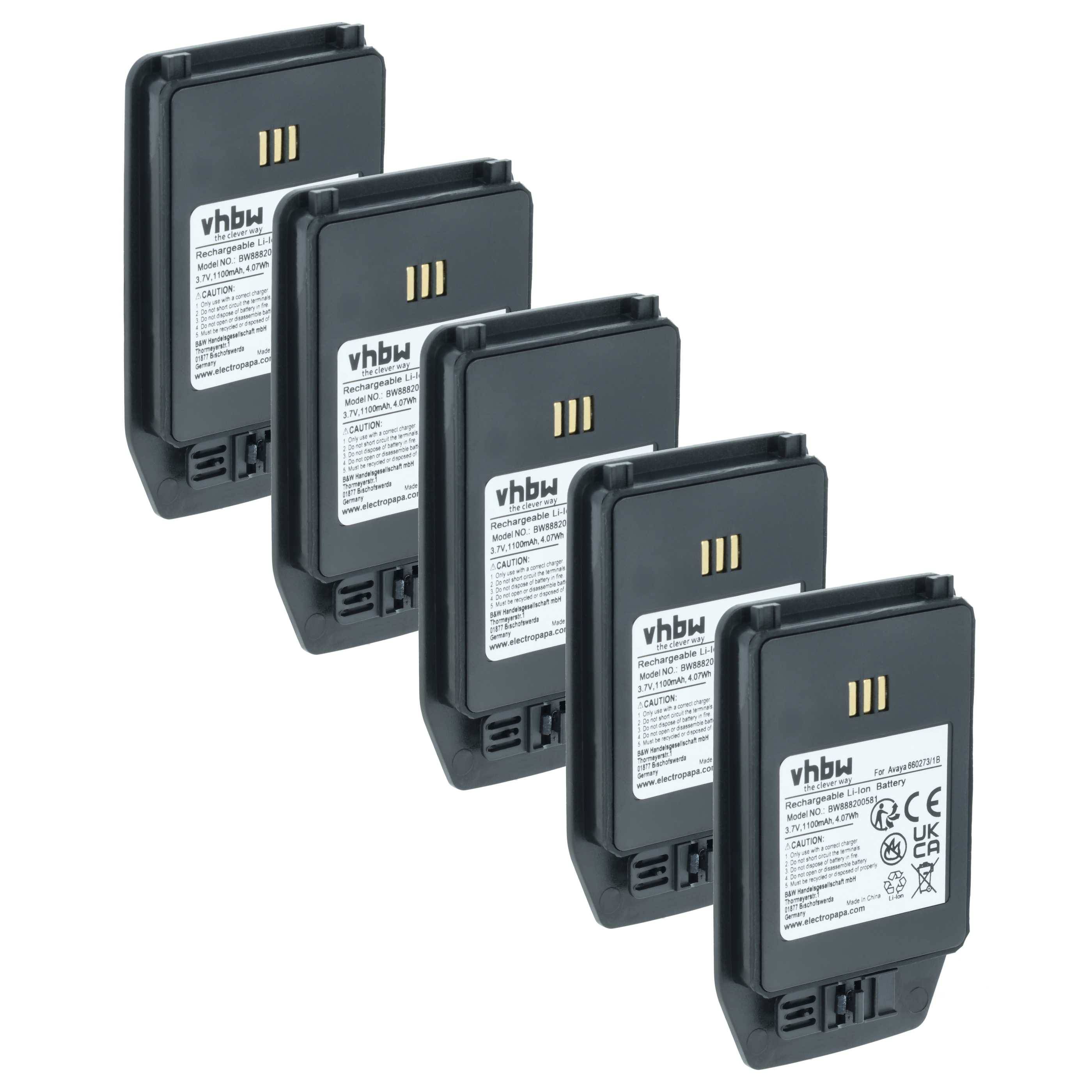 vhbw 5x Akku kompatibel mit Ascom D81 | DH5-AABAAA/2E, DH5, 660273 Handy Smartphone Telefon (1100 mAh, 3,7 V, Li-Ion)-0
