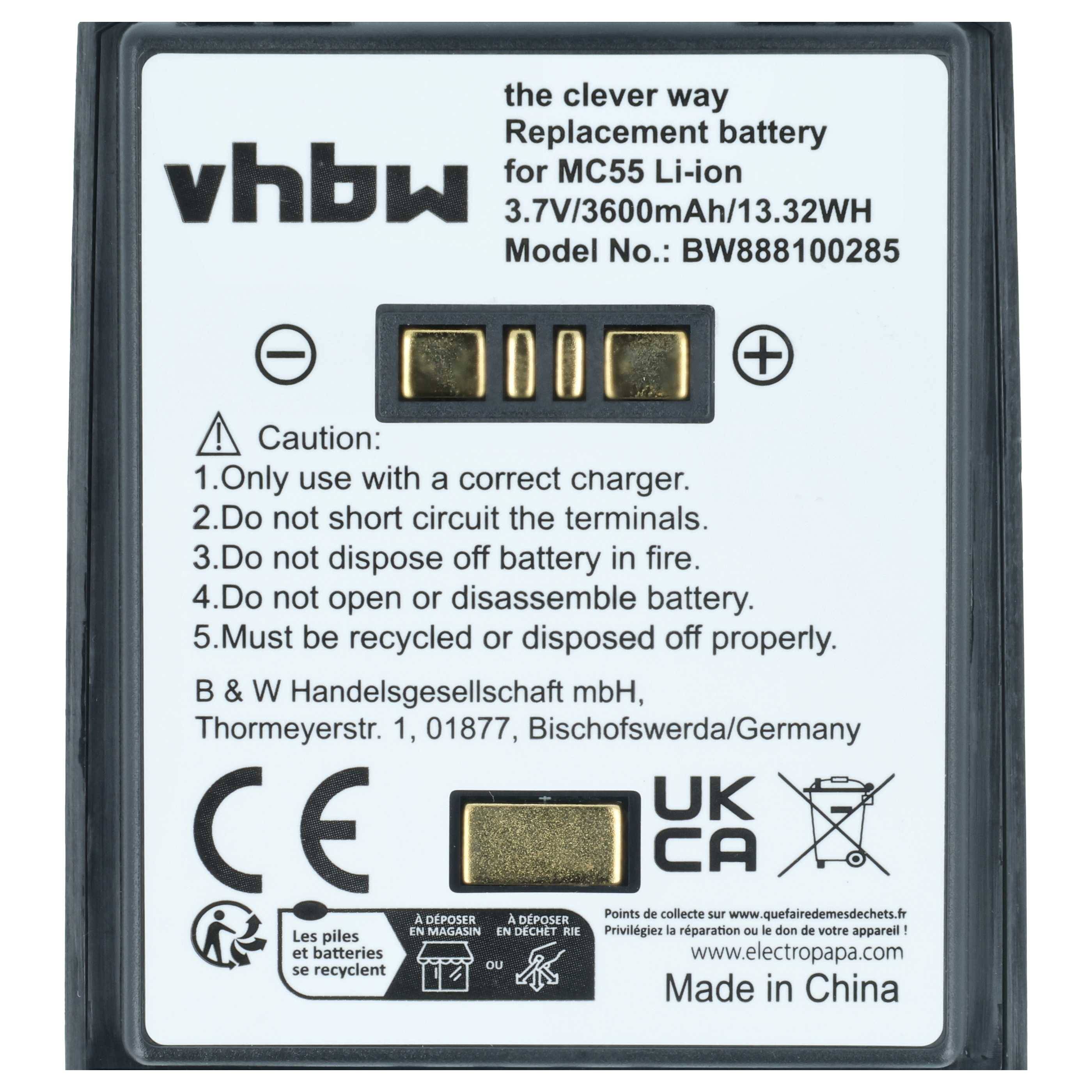 vhbw 2x Akku Ersatz für Symbol BTRY-MC55EAB02 | 82-111094-01, U60493 für Mobilcomputer PDA Scanner (3600 mAh, 3,7 V-3