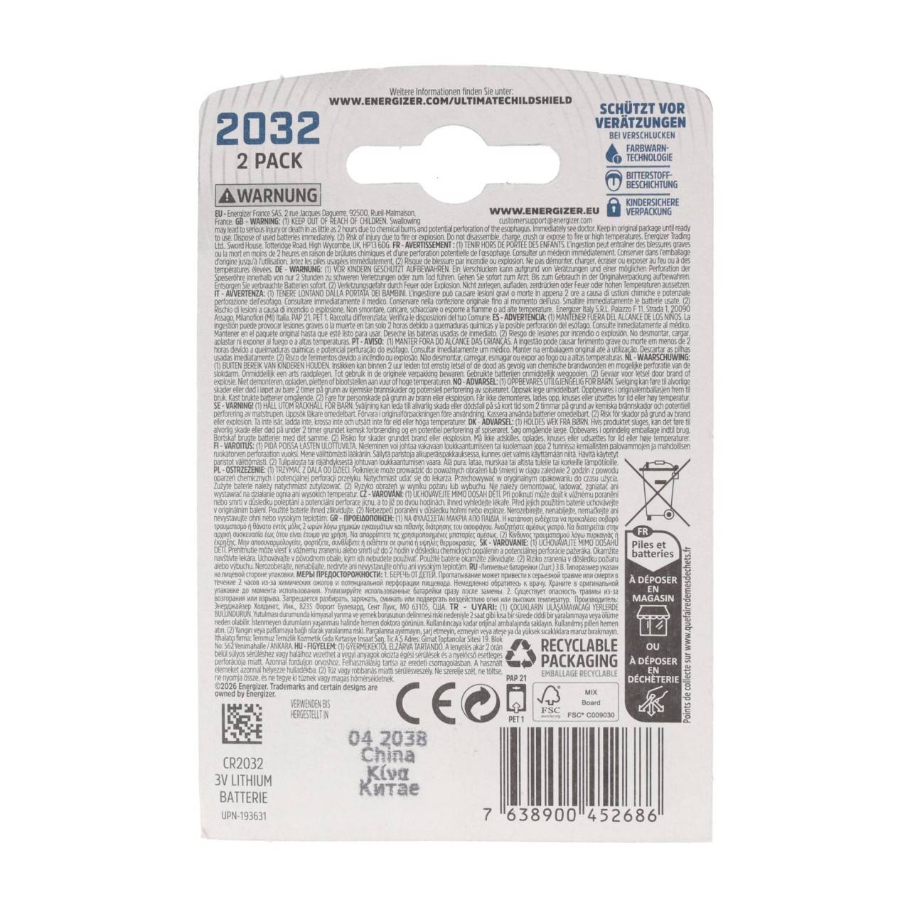 Energizer Batterie Lithium, Knopfzelle, CR2032, 3V Ultimate Lithium, Retail Blister (2-Pack)-1