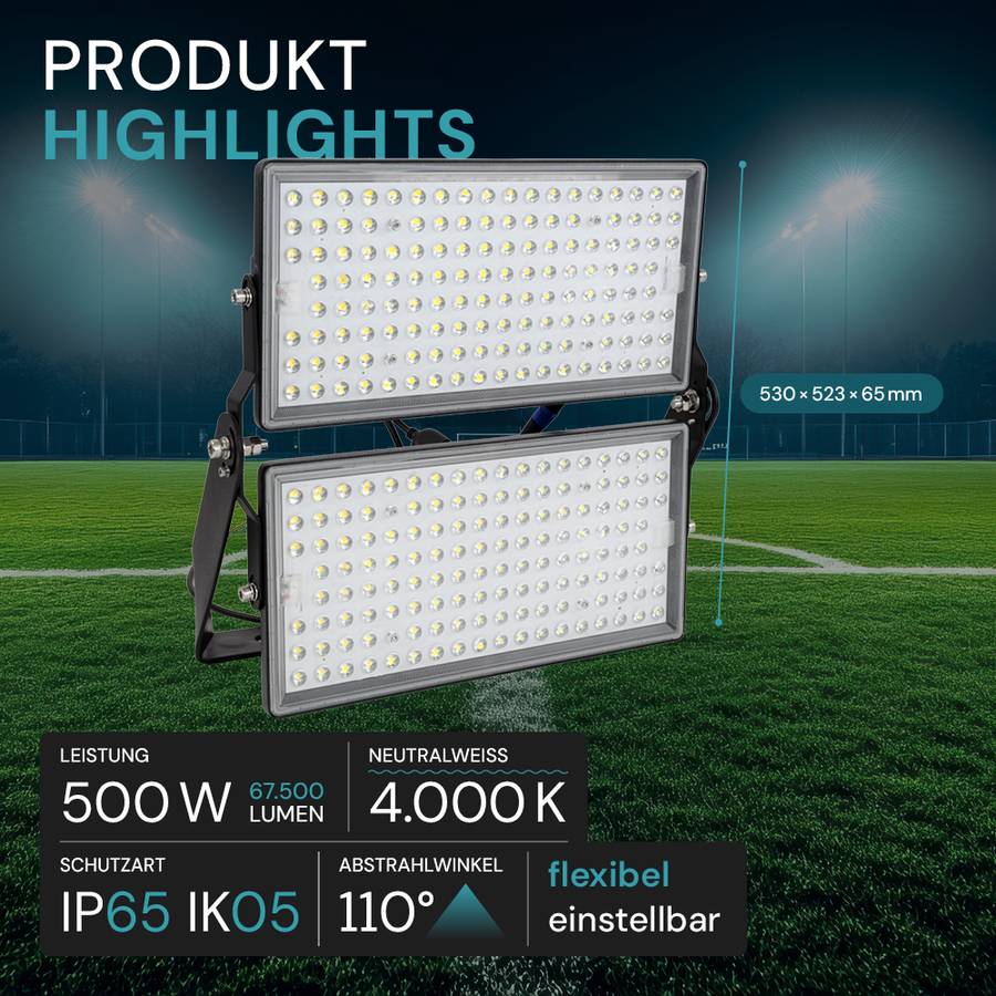 LUXULA LED Stadion Fluter 500W 5000K Neutralweiß 67500lm Großflächenstrahler IP65 Schwarz-4