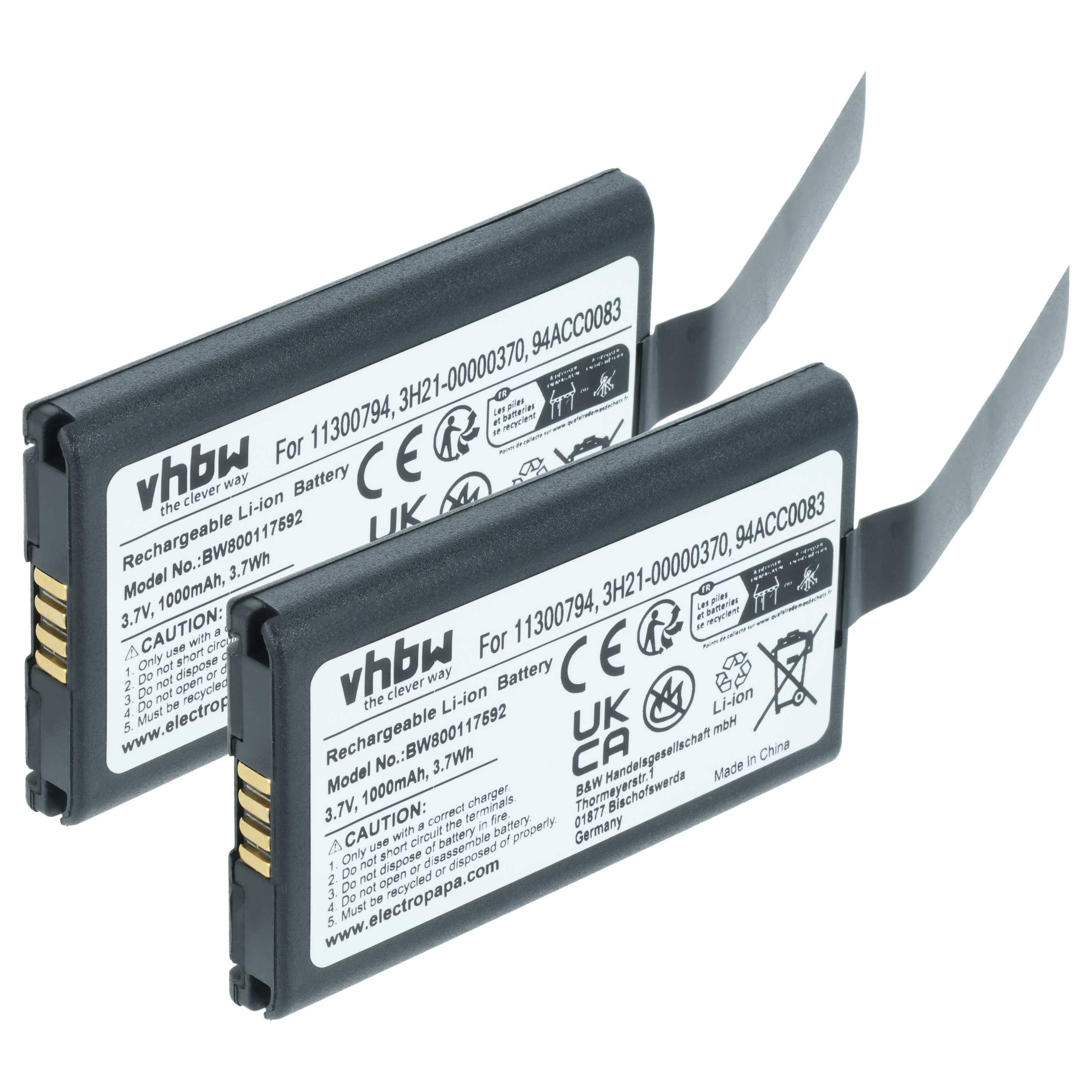 vhbw 2x Akku Ersatz für Datalogic 11300794 | 3H21-00000370, 94ACC0083, 800065-56 für Barcodescanner POS (1000 mAh, 3,7 V-0