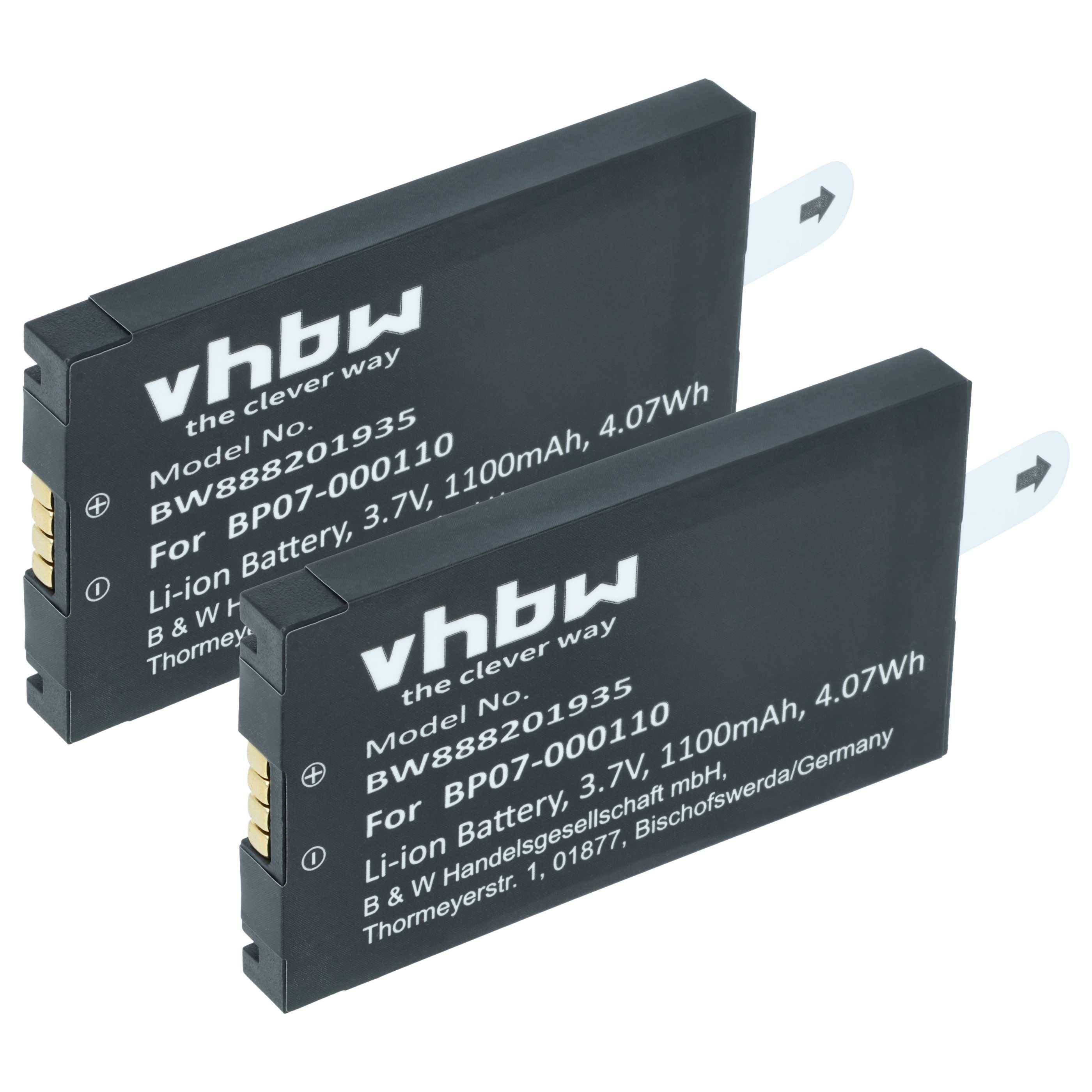vhbw 2x Akku Ersatz für Datalogic 11300794 | 3H21-00000370, 94ACC0083, 800065-56 für Barcodescanner POS (1100 mAh, 3,7 V-0