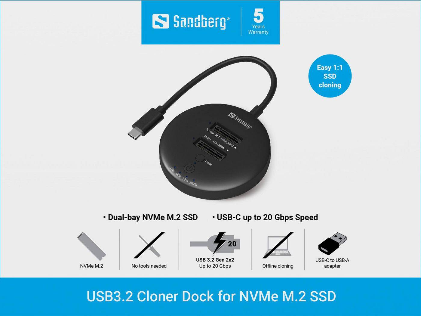 SANDBERG USB3.2 Cloner Dock for NVMe M.2 Komponenten Zubehör für Speicherlaufwerke-2