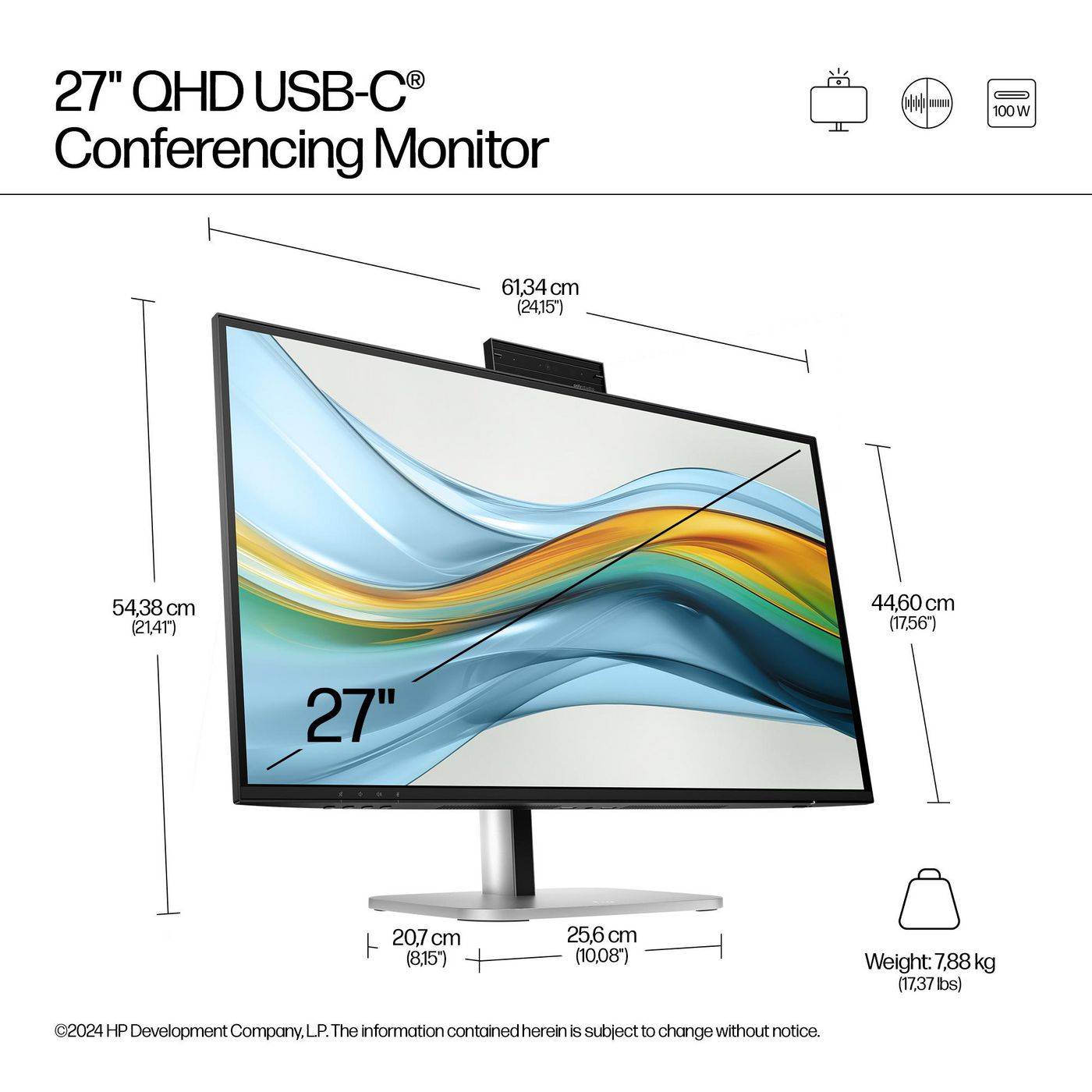 HP Series 5 Pro 27 inch QHD USB-C Conferencing Monitor - 527pm PVC Free, 68,6 cm (27"), 2560 x 1440 Pixel, Quad HD, LCD,-3