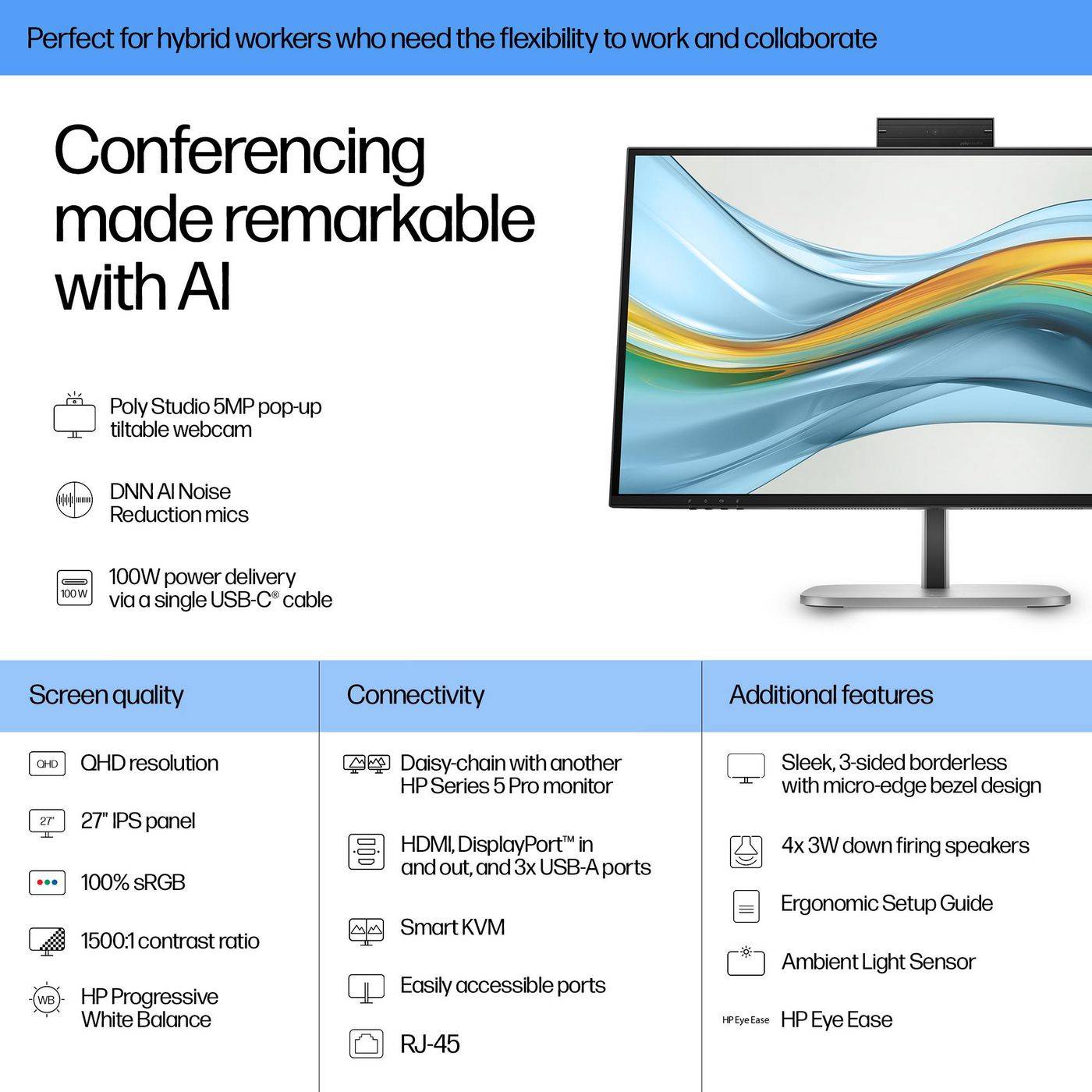 HP Series 5 Pro 27 inch QHD USB-C Conferencing Monitor - 527pm PVC Free, 68,6 cm (27"), 2560 x 1440 Pixel, Quad HD, LCD,-2