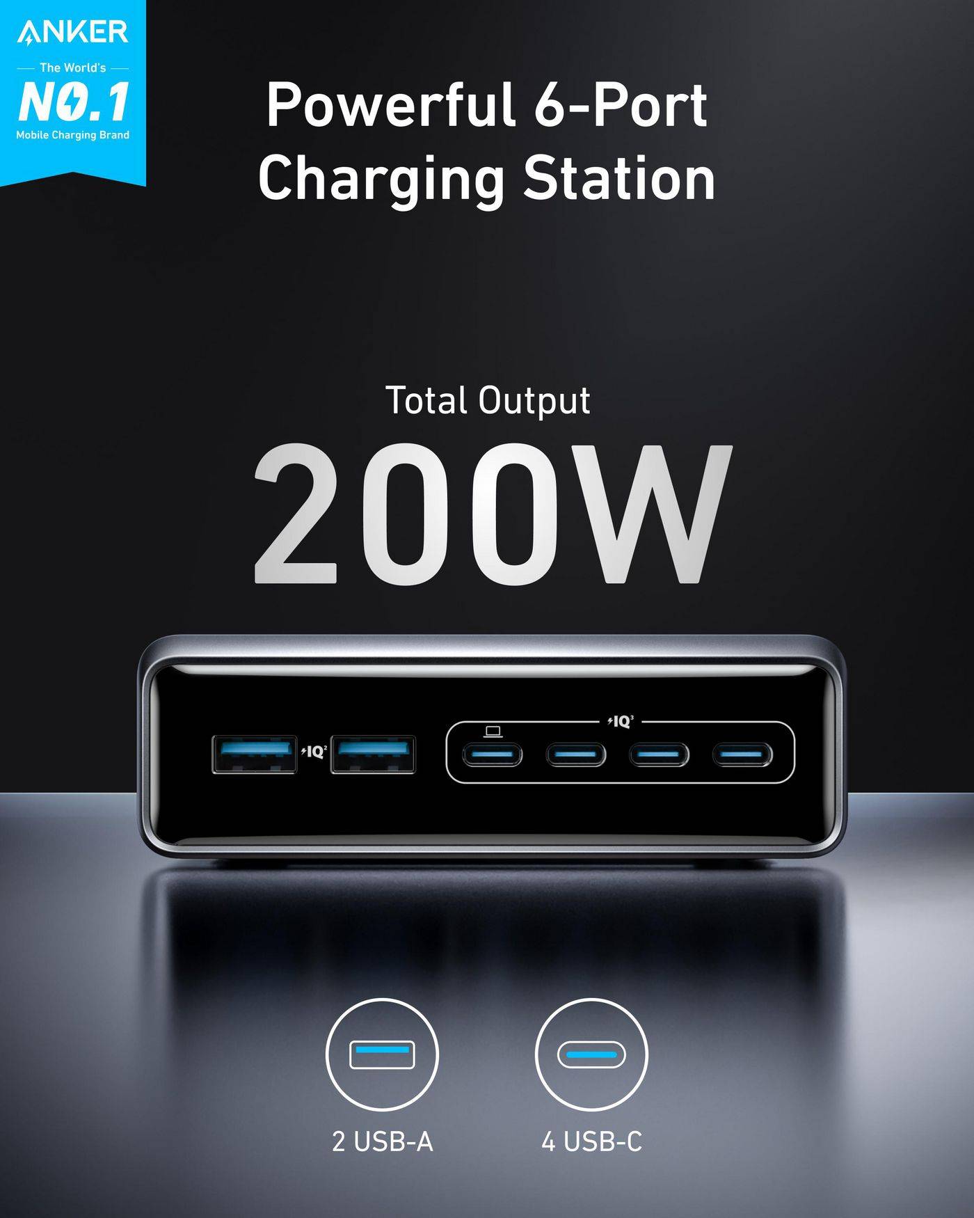 Anker Prime Ladegerät 200W, 4x USB-C, 2x USB-A, Schwarz A2683341-1