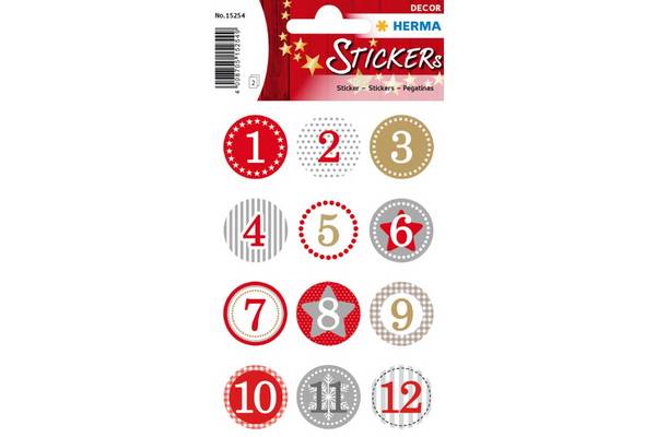HERMA Sticker Adventskalendersticker 1-24, Rot Ø 2 cm, Papier, Mehrfarbig, Dauerhaft, Christmas