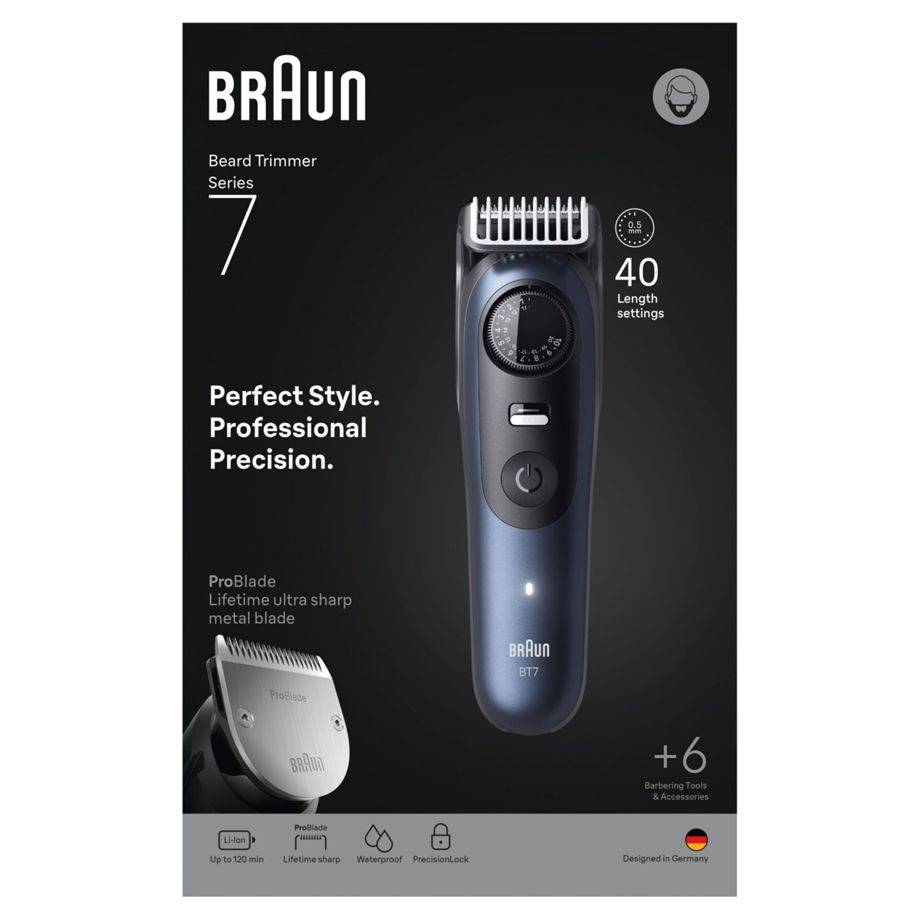 Braun BeardTrimmer 7 BT7520, Waschbar, Akku, Schwarz, Blau-2