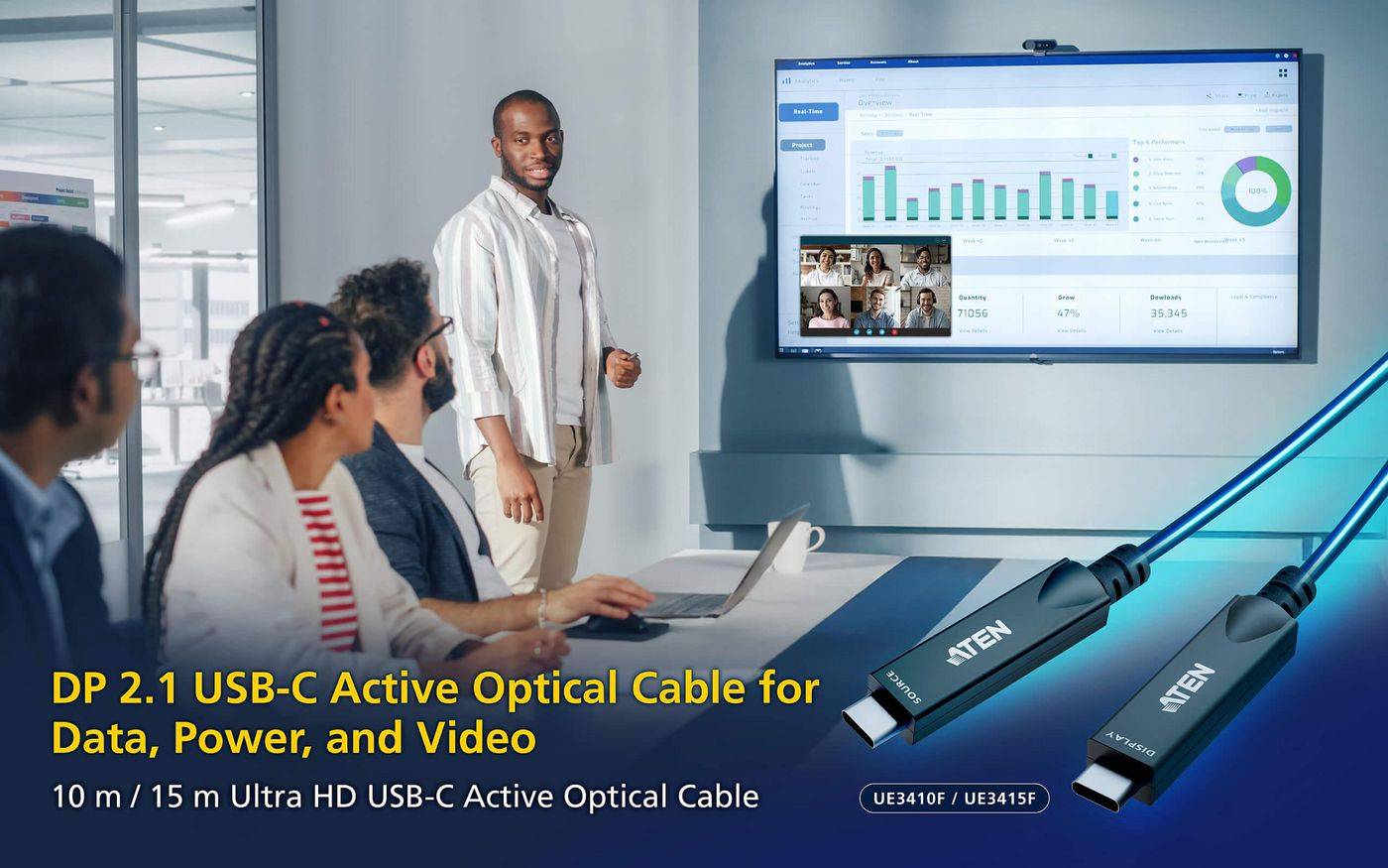 ATEN UE3415F aktives optisches Ultra HD-Kabel mit USB-C, schwarz, 15 m Adapter, Terminatoren, USB-1