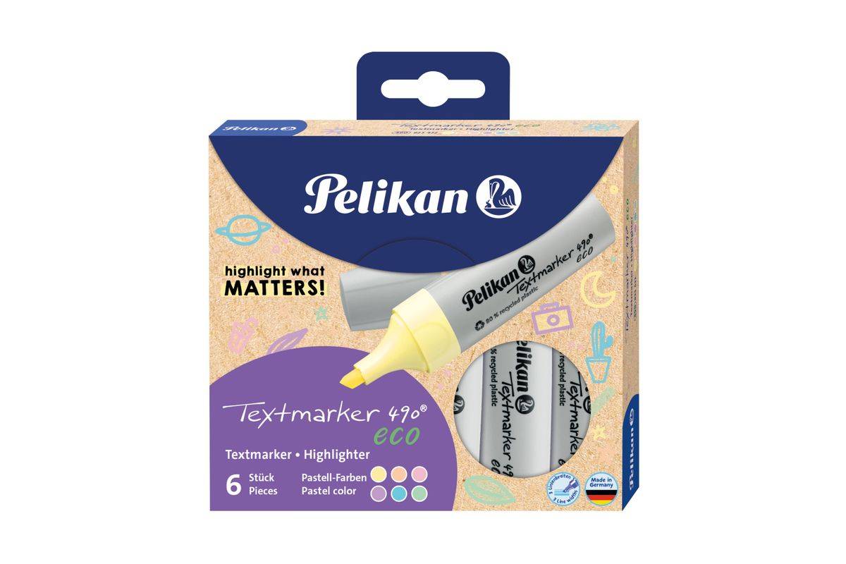 Pelikan Textmarker 490 eco, 6 Stück(e), Mehrfarbig, Meißel, Recycelbarer Kunststoff, Fett/Fein/Mittel, 1 mm-0