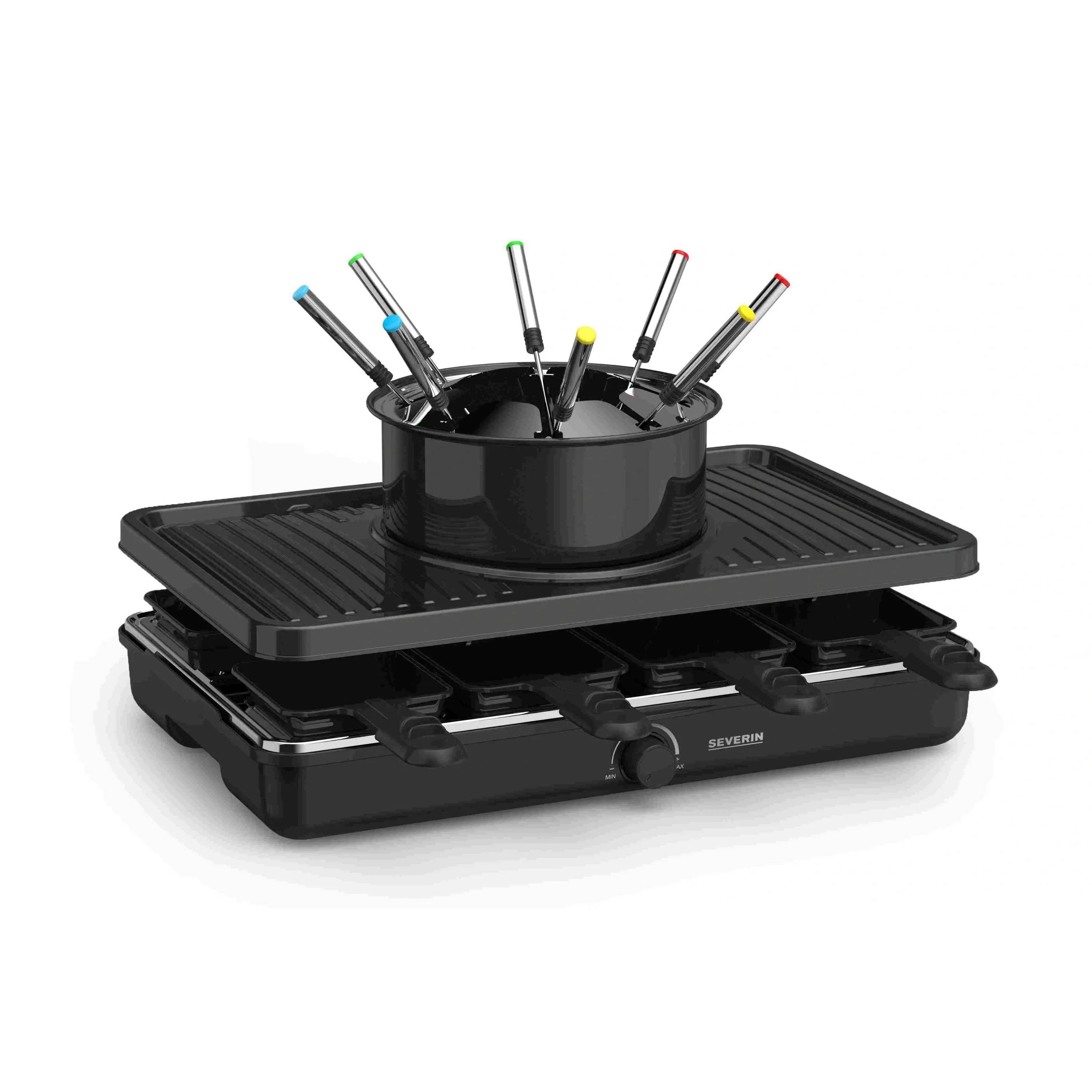 Severin Raclette-Fondue-Kombination, 1.400 W, 8 Pfännchen, 8 Gabeln, antihaftbeschichtet, Schwarz, 1 Stk.-0