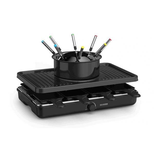 Severin Raclette-Fondue-Kombination, 1.400 W, 8 Pfännchen, 8 Gabeln, antihaftbeschichtet, Schwarz, 1 Stk.