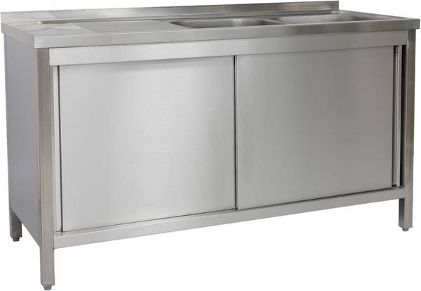 A&S Polarny Spülschrank 1500 x 600 x 850 mm 2 Becken rechts, mit Schubladenblock, 600 mm Tiefe