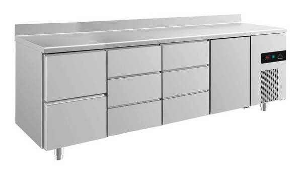 A&S Polarny Kühltisch -2 bis +8°C 2330x700x850mm mit 1x Tür, 1x zwei Schubladen und 2x 3 Schubladen u. Aufkantung