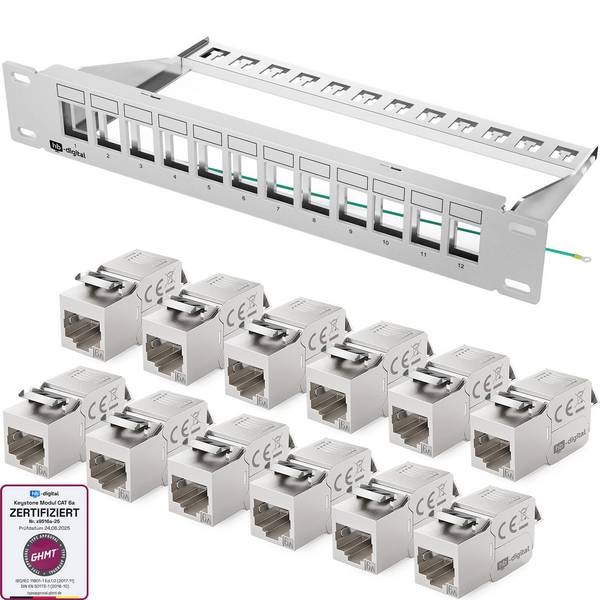 hb-digital Patchpanel 10 Zoll 12 Port CAT 6a mit RJ45 Keystone Modulen 1HE Grau