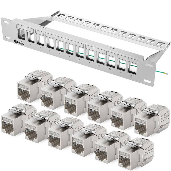 hb-digital Patchpanel 10 Zoll 12 Port CAT 7 mit RJ45 Keystone Modulen 1HE Grau