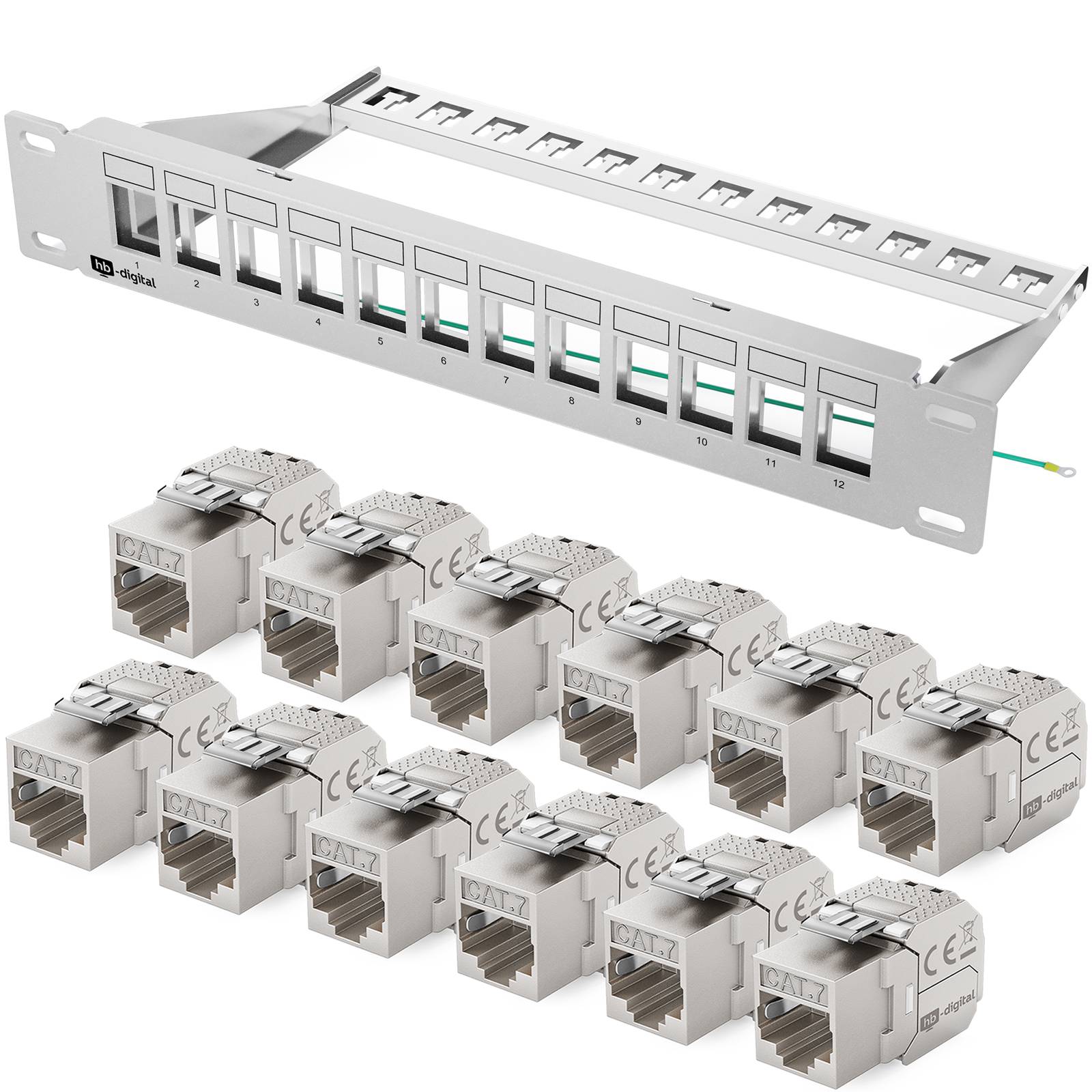 hb-digital Patchpanel 10 Zoll 12 Port CAT 7 mit RJ45 Keystone Modulen 1HE Grau-0