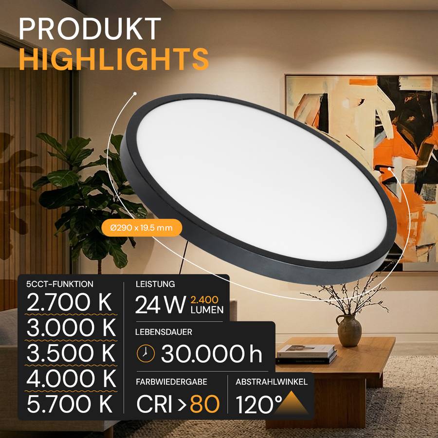 ENOVALITE LED Panel 24W 2700- 5700K Warm- Kaltweiß Dimmbar Variabler Lochausschnitt Einbauleuchte Aufbauleuchte Schwarz-1